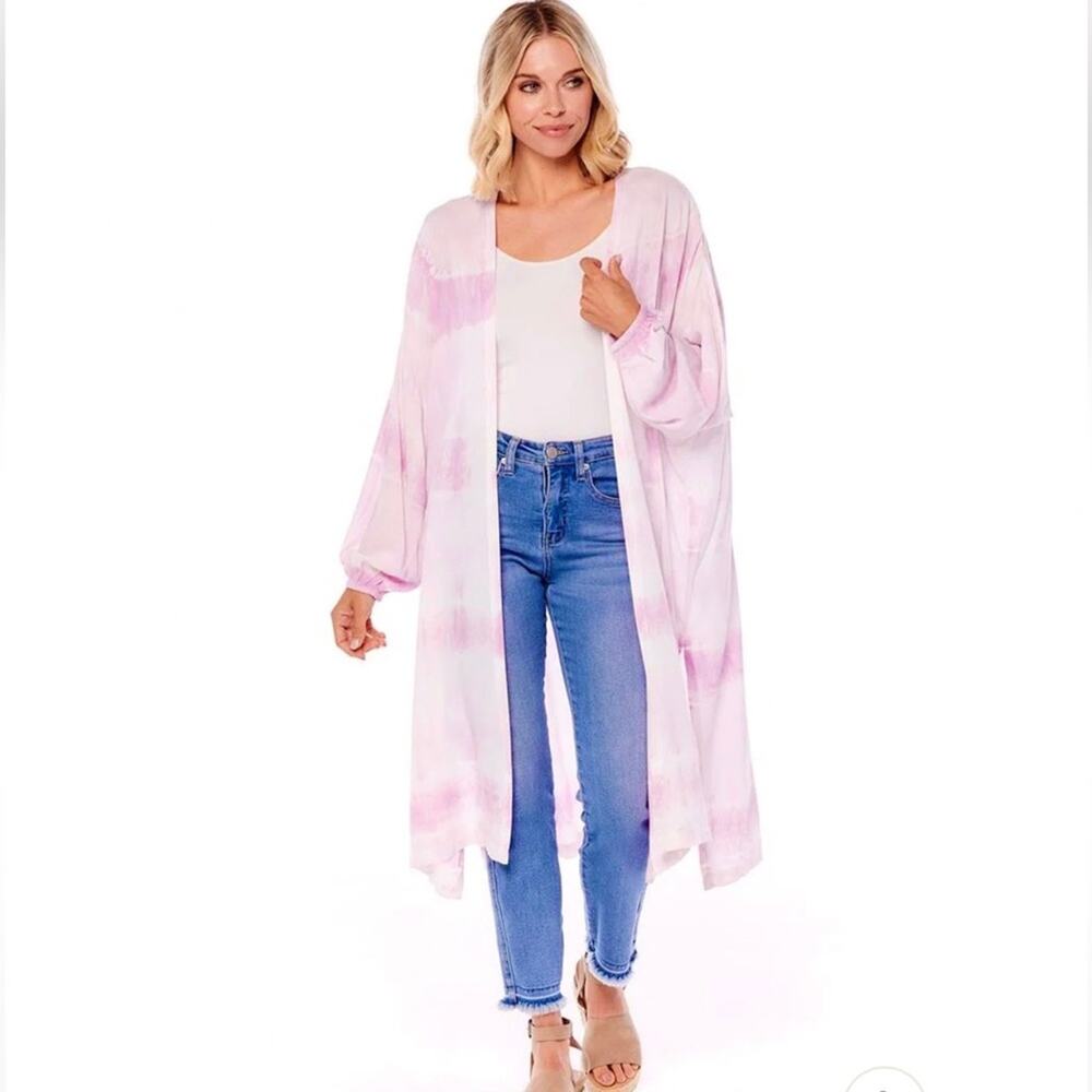 Mud Pie Kimono Duster Pink White Tie Dye Balloon Long Sleeve Cover Up OS NEW